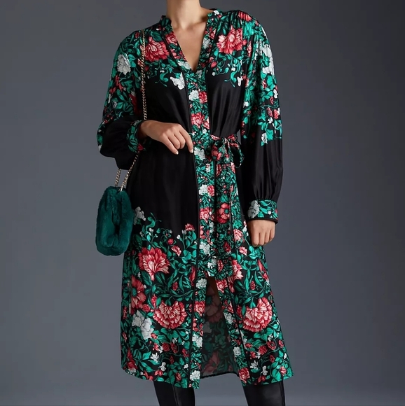 Anthropologie Black Floral Midi Shirt Dress MP - Picture 2 of 8